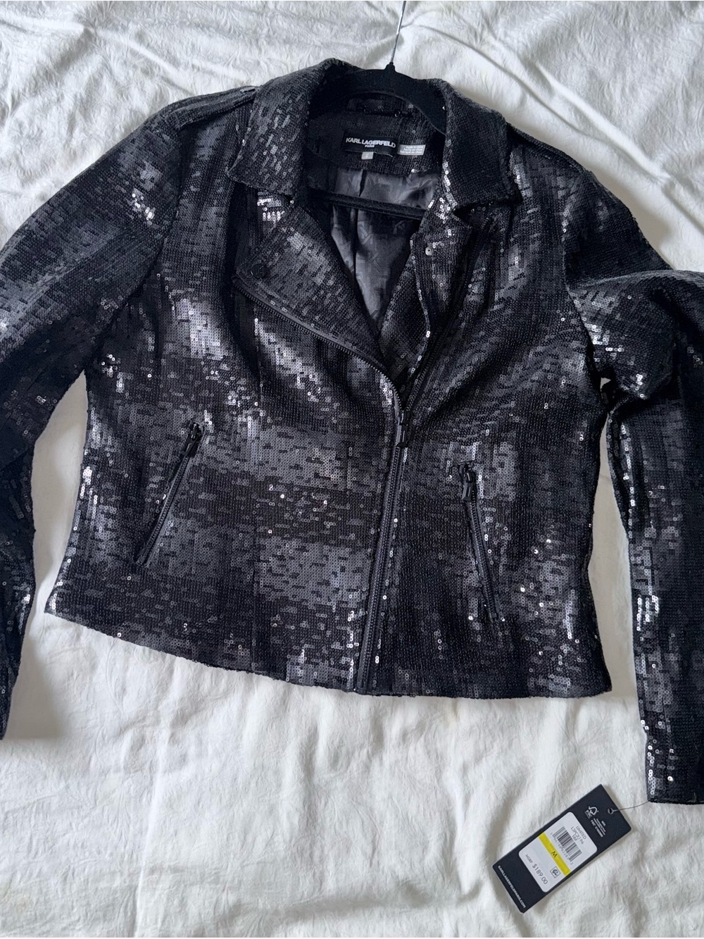 Karl Lagerfeld Black Sequin Biker Jacket Size M